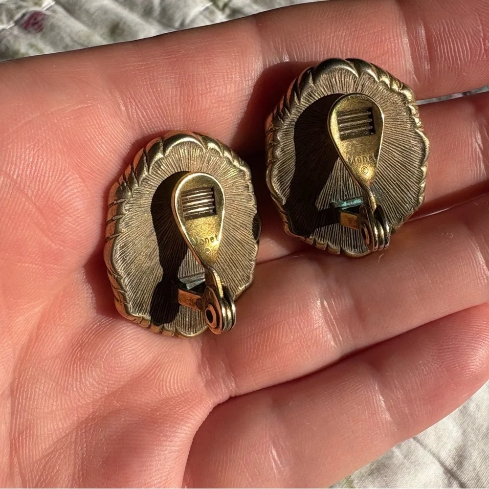 1928 vintage clip on earrings blue cabochon gold twisted rope art deco nautical - Picture 5 of 8